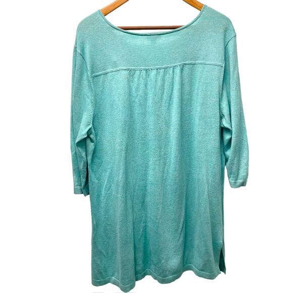 J Jill Blue Aqua Teal Split Neck 3/4 Sleeve Tunic Sweater Coastal Beachy L - Picture 3 of 7